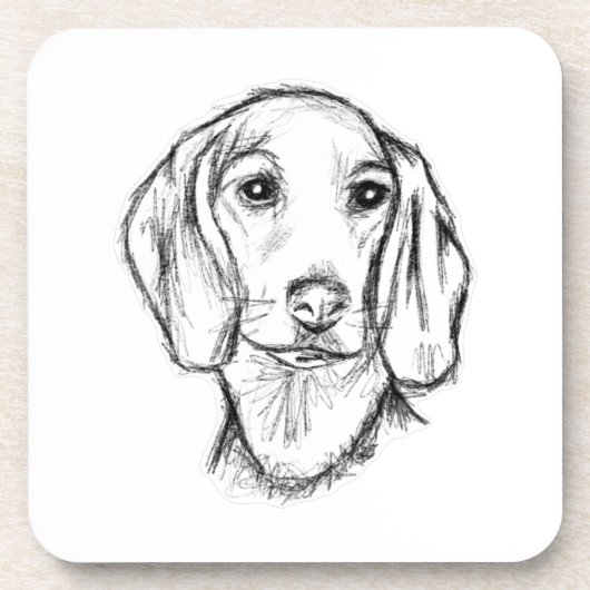 ダックスフンドの手描きスケッチ 黒白の仔犬 コースター (正面)
