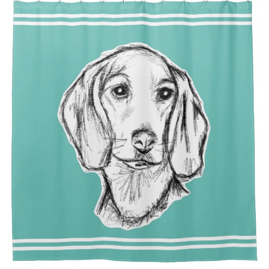 ダックスフンドの手描きスケッチ 黒白の仔犬 シャワーカーテン (正面)