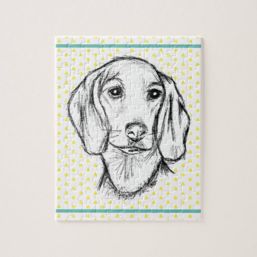 ダックスフンドの手描きスケッチ 黒白の仔犬 ジグソーパズル (縦)