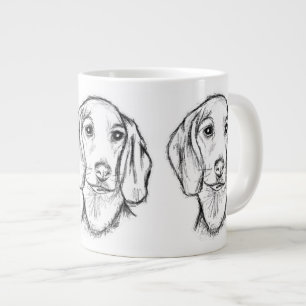 ダックスフンドの手描きスケッチ 黒白の仔犬 ジャンボコーヒーマグカップ