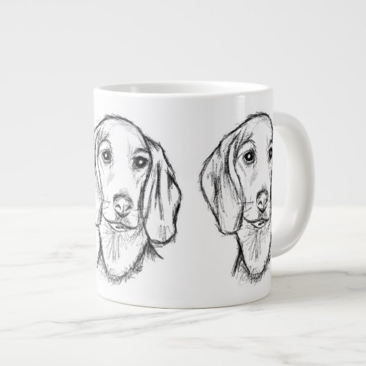 ダックスフンドの手描きスケッチ 黒白の仔犬 ジャンボコーヒーマグカップ (正面右)