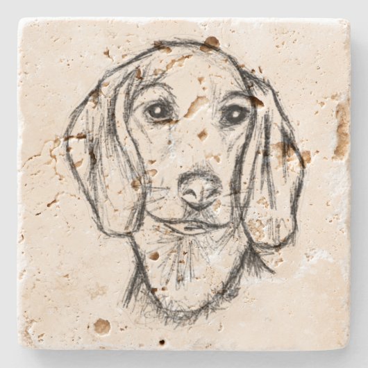 ダックスフンドの手描きスケッチ 黒白の仔犬 ストーンコースター (正面)
