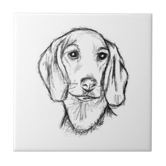 ダックスフンドの手描きスケッチ 黒白の仔犬 タイル (正面)