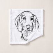 ダックスフンドの手描きスケッチ 黒白の仔犬 バスタオルセット (ウォッシュタオル)
