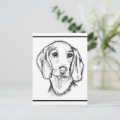 ダックスフンドの手描きスケッチ 黒白の仔犬 ポストカード (スタンド正面)