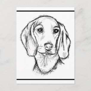 ダックスフンドの手描きスケッチ 黒白の仔犬 ポストカード
