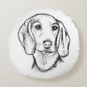 ダックスフンドの手描きスケッチ 黒白の仔犬 ラウンドクッション