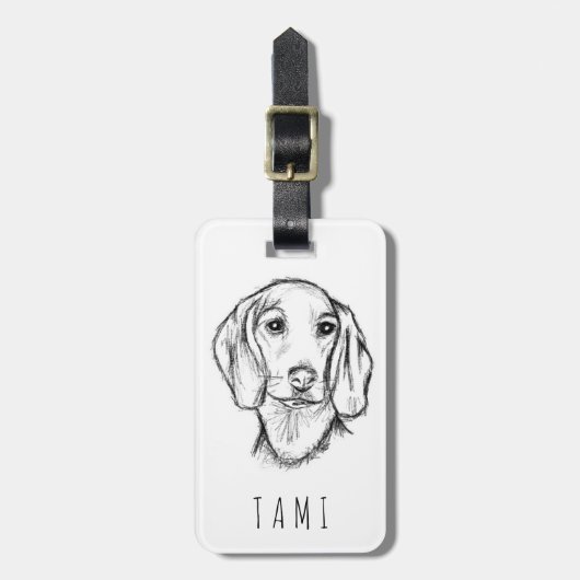 ダックスフンドの手描きスケッチ 黒白の仔犬 ラゲッジタグ (正面縦)