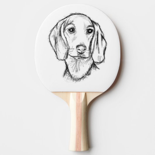 ダックスフンドの手描きスケッチ 黒白の仔犬 卓球ラケット (正面)