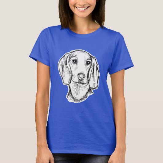 ダックスフンドの手描きスケッチ 黒白の仔犬 Tシャツ (正面)