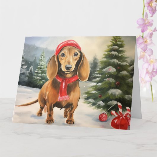 ダックスフンドの犬と雪のクリスマス カード (蘭)