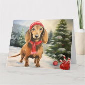 ダックスフンドの犬と雪のクリスマス カード (正面)