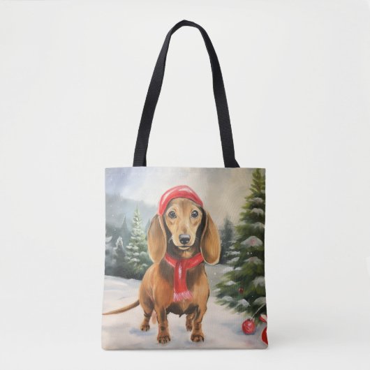 ダックスフンドの犬と雪のクリスマス トートバッグ (正面)