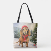 ダックスフンドの犬と雪のクリスマス トートバッグ (裏面)
