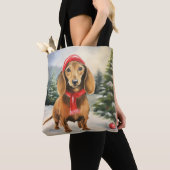 ダックスフンドの犬と雪のクリスマス トートバッグ (クローズアップ)