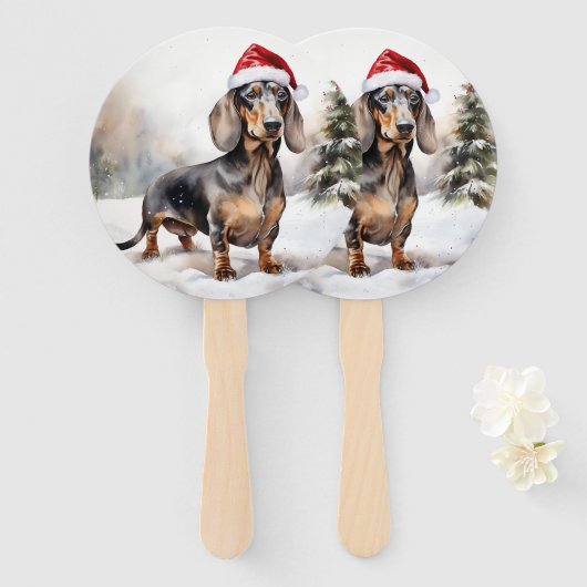 ダックスフンドの犬と雪のクリスマス ハンドファン (正面&裏面)
