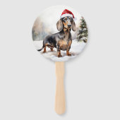 ダックスフンドの犬と雪のクリスマス ハンドファン (正面)