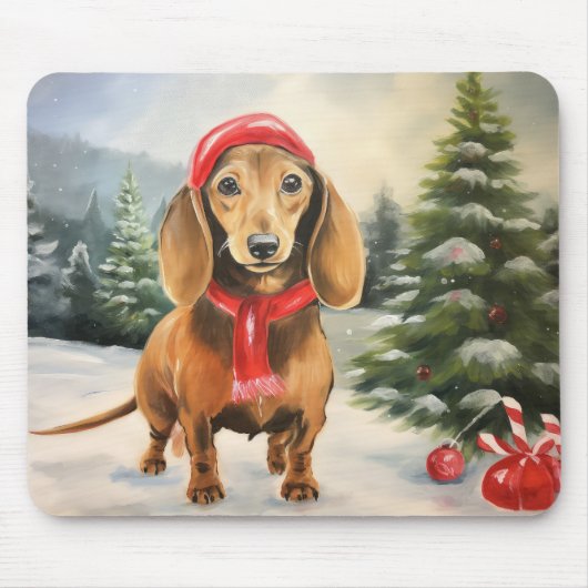 ダックスフンドの犬と雪のクリスマス マウスパッド (正面)