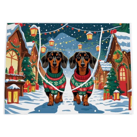 ダックスフンドの犬のクリスマス雪の休日 ラージペーパーバッグ (正面)