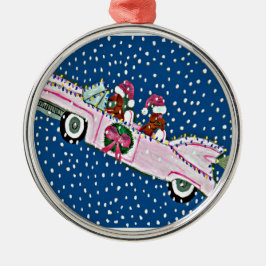 ダックスフンドサンタのクリスマスピンクキャデラック メタルオーナメント