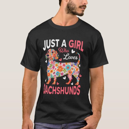 ダックスフンド好きな女の子 女性 女子 フラワー Tシャツ (正面)