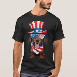 ダックスフンド アメリカ国旗 メガネ ハット 7月4日 Tシャツ