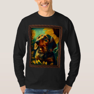 ダックスフンド ドキシー ウィーニー 絵画 ヒマワリ 花 M Tシャツ
