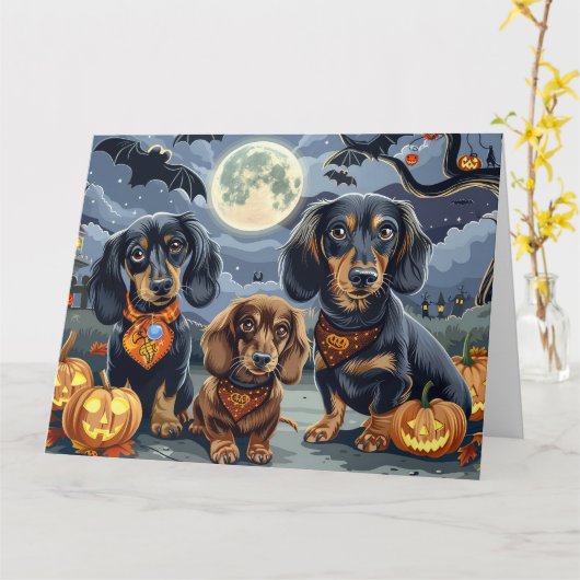 ダックスフンド ハロウィーン スプーキー カード (黄色い花)