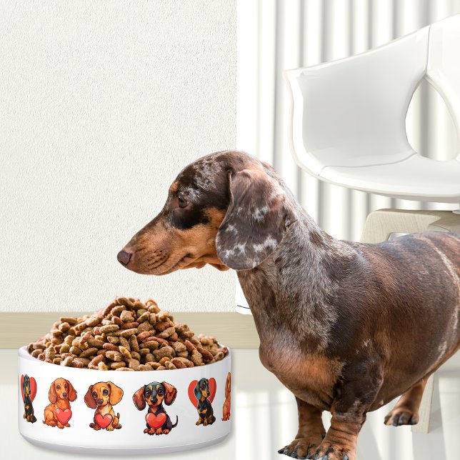 ダックスフンド バレンタイン 水彩画 赤いハート付き ボウル (Dachshund Valentine Watercolor with Red Heart Bowl)