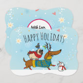 ダックスフンド、パグ & 鳥のフラットホリデーカード シーズンカード (正面/裏面)