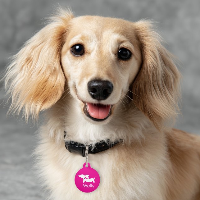 ダックスフンド ピンク チャーム 名前と連絡先 ペット　ネームタグ (Pink dachshund ID tag for wiener dogs)