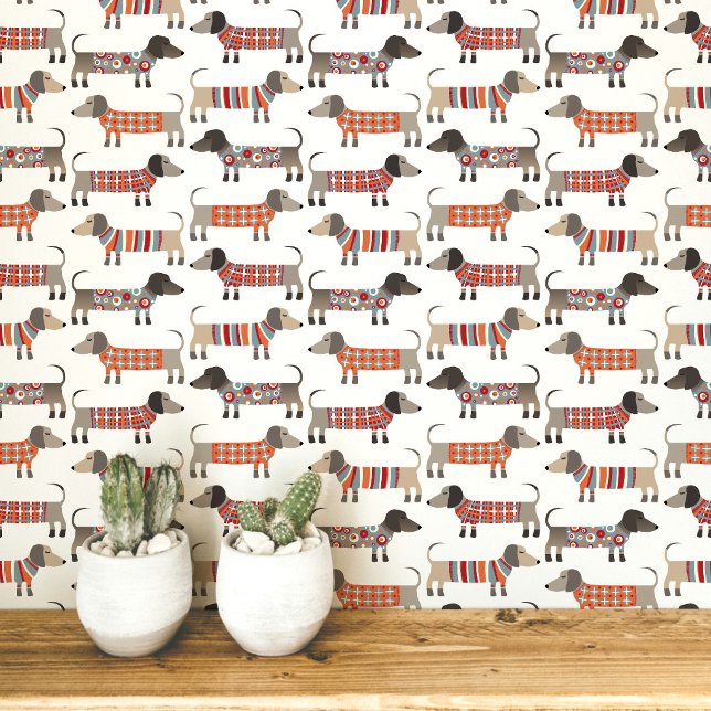 ダックスフンド 壁紙 (Fun Dachshund Wiener Sausage Dogs in sweaters pattern peel and stick wallpaper)