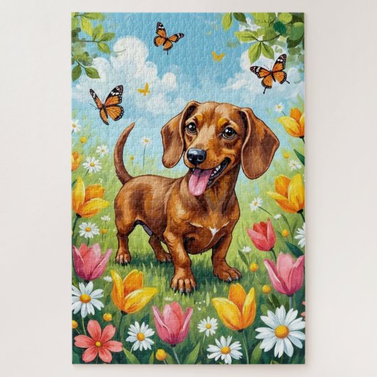 ダックスフンド 春の花 かわいい犬 ジグソーパズル (縦)
