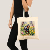 ダックスフンド 森のサクラソウの花 トートバッグ (正面(商品))