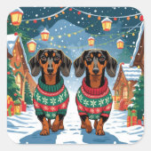 ダックスフンド 犬 クリスマス 雪 冬の休日 スクエアシール (正面)