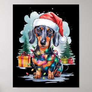 ダックスフンド 犬 サンタ帽子 クリスマス ライト ツリー 冬 ポスター