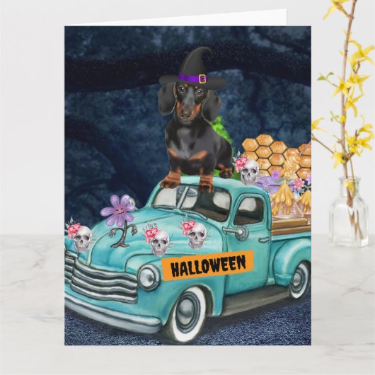 ダックスフンド 犬 ハロウィン トラック 怖い夜 カード (黄色い花)