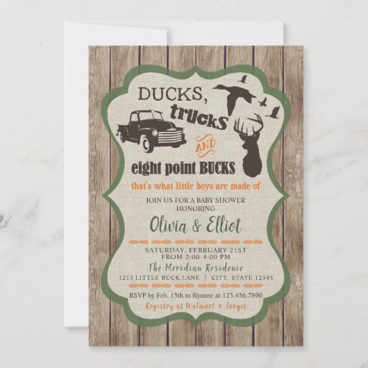 ダックス、トラック、および8ポイントバックスディアー男の赤ちゃん 招待状 (正面)