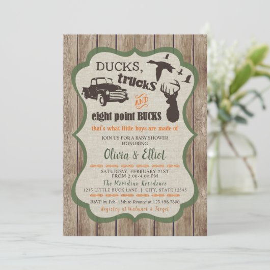 ダックス、トラック、および8ポイントバックスディアー男の赤ちゃん 招待状 (スタンド正面)