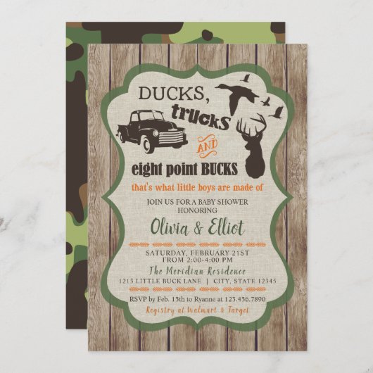 ダックス、トラック、および8ポイントバックスディアー男の赤ちゃん 招待状 (正面/裏面)