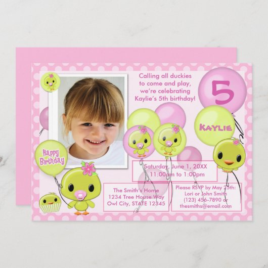 ダックダッキー（アヒルちゃん）の誕生日招待のピンクイエロー（写真） 招待状 (正面/裏面)