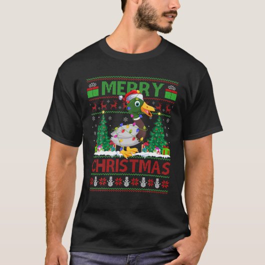 ダックバードラバークリスマス照明醜いダッククリスマス Tシャツ (正面)