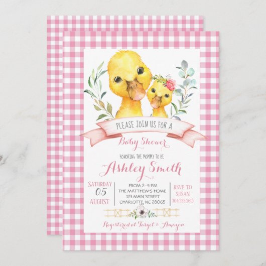ダックファームの赤ちゃんシャワーの招待状ピンクの女の子 招待状 (正面/裏面)