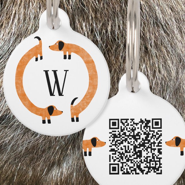 ダッシュンおもしろいドソーセージ犬モノグラムQRコード ペット　ネームタグ (Fun monogram and QR code Dachshund dog tag)