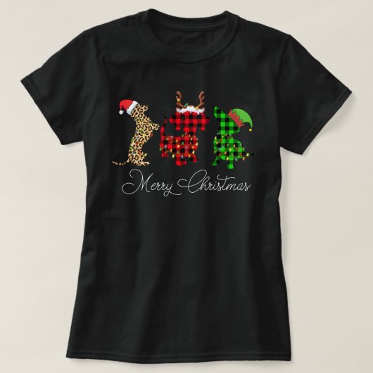 ダッシュントおもしろいドッグクリスマスヒョウのプレイドサンタ Tシャツ (デザイン正面)