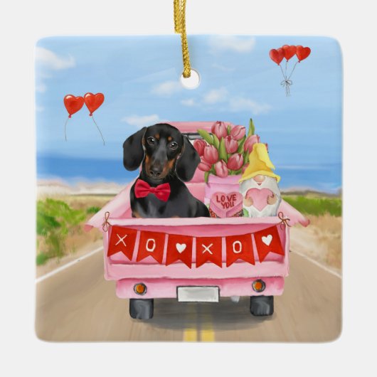 ダッシュンドッグバレンタインズデイトラックハート セラミックオーナメント (正面)
