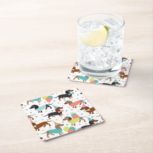 ダッシュンドバースデーパーティーお祝い スクエアペーパーコースター (インサイチュ)