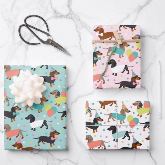 ダッシュンドバースデーパーティーお祝い ラッピングペーパーシート (正面)