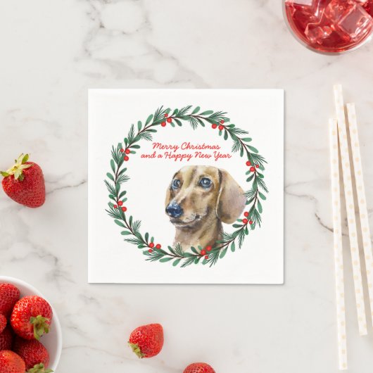 ダッシュンドホリデーリースパーソナライズされたクリスマス スタンダードカクテルナプキン (インサイチュ)