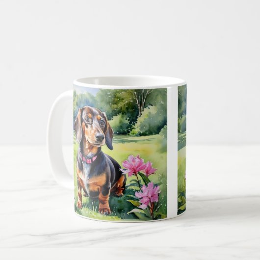 ダッチシュント子犬ソーセージ犬かわいいドキシーウォーター色 コーヒーマグカップ (正面左)